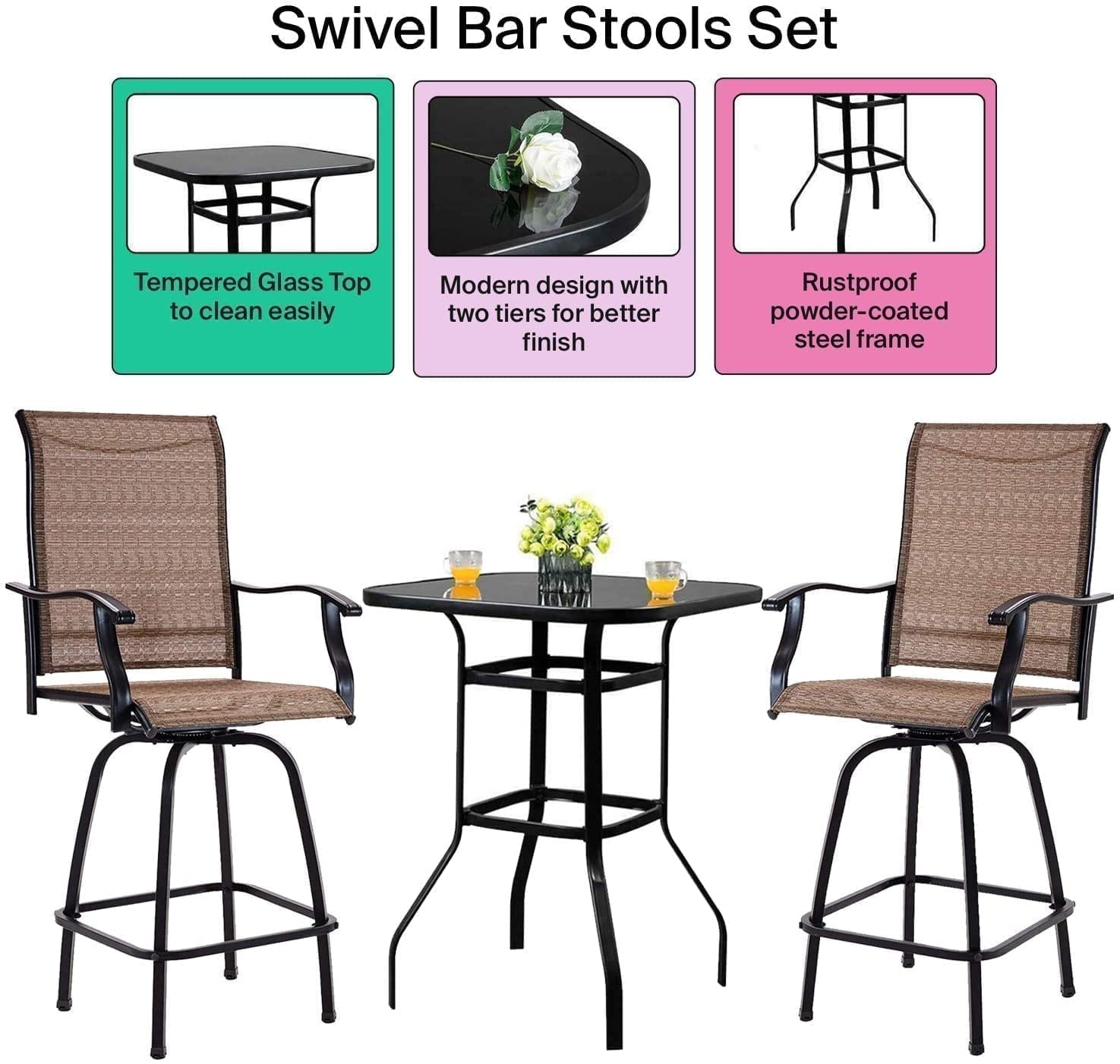 Outdoor Bar High Bistro Set, 3-Piece Patio Set, Patio Table and Bar Chairs