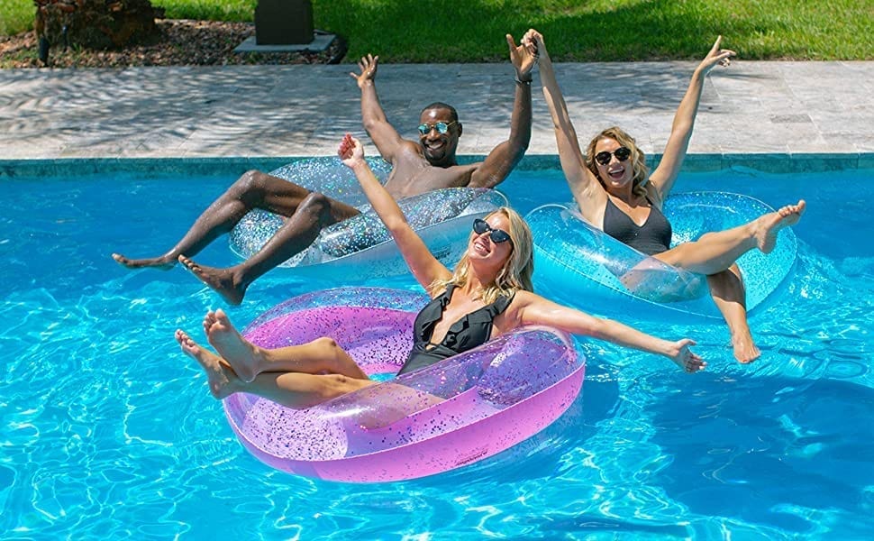 Adults Glitter Pool Floating Tube Inflatable Pool Float Glitter Pool Ring Boxgear Pink Glitter Swim Ring for Pool Beach Lake Glitter Pool Inflatable Swim Tube Glitter Swim Ring for Kids 